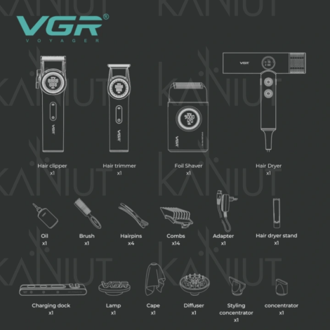 VGR PRO 4IN1 zestaw w walizce | maszynka + trymer + golarka + suszarka - 4